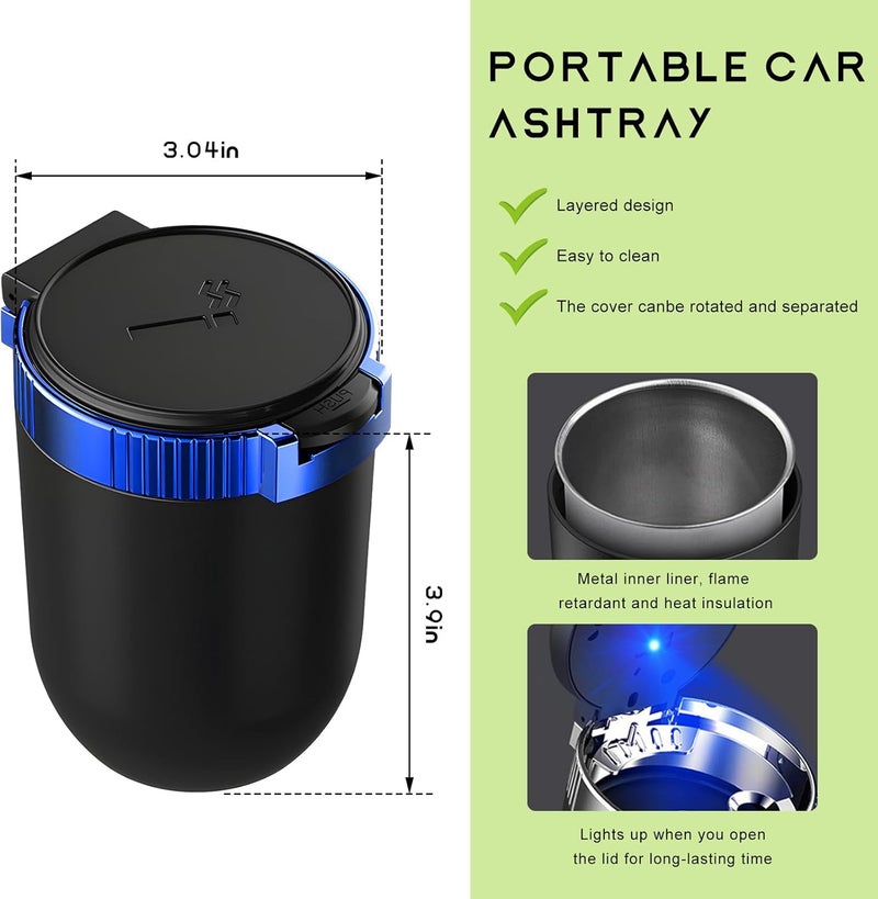 MUQIDA Car Ashtray with Lid, Auto Portable Stainless Steel Smokeless Ash Tray with LED Light, Detachable Windproof Ashtray Mini Trash Can for Most Car Cup Holder Home Office (Blue) - Image 2